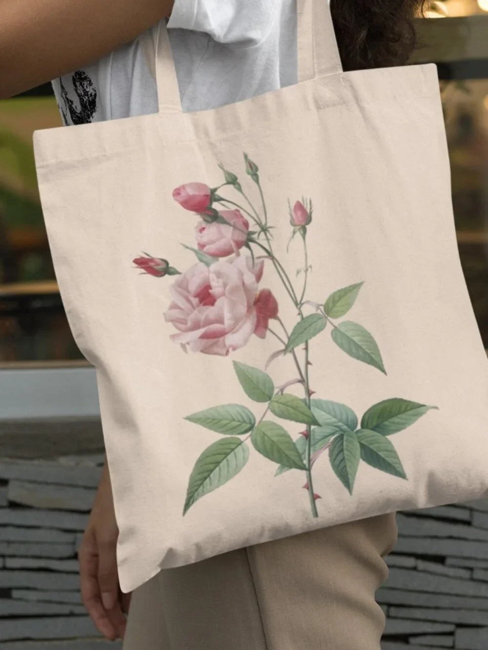 China Rose Vintage Floral Print Graphic Canvas Tote Bag